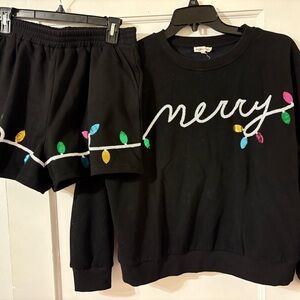 Black Merry Sweatshirt and Shorts Set with Colorful Lights